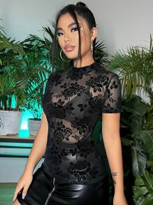 SHEIN SXY 小高領花卉圖案透視網紗上衣不附胸罩 - 黑色 - 查看 6