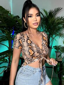 SHEIN SXY 蛇紋胸部褶皺木耳邊上衣 - 彩色 - 查看 4