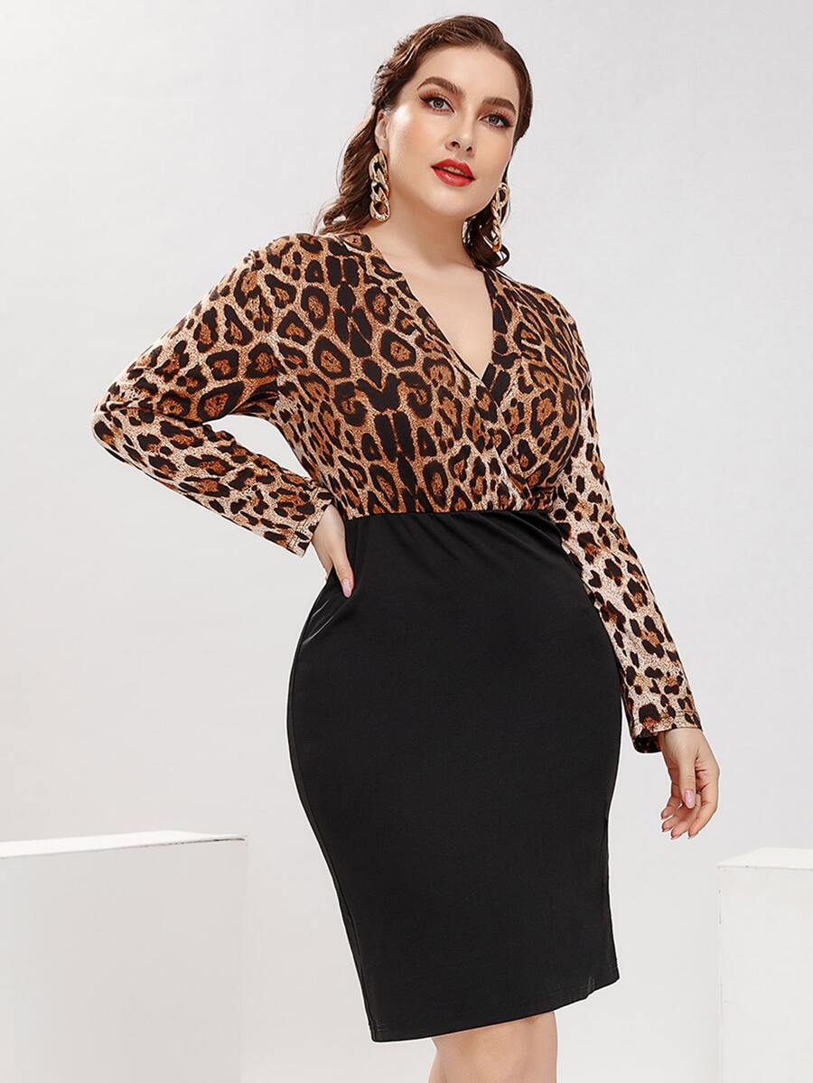 大碼撞色豹紋交疊領連衣裙 - 彩色 - 查看 1