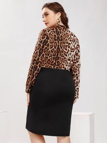 大碼撞色豹紋交疊領連衣裙 - 彩色 - 查看 2