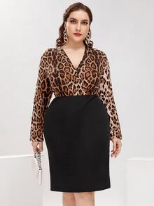 大碼撞色豹紋交疊領連衣裙 - 彩色 - 查看 4