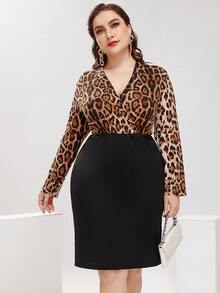 大碼撞色豹紋交疊領連衣裙 - 彩色 - 查看 6