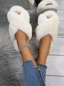 Fall/Winter Women's Stylish & Solid Color Cross Strap Fluffy Bedroom Slippers In Beige - Beige - View 2