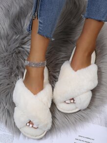 Fall/Winter Women's Stylish & Solid Color Cross Strap Fluffy Bedroom Slippers In Beige - Beige - View 4