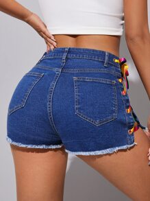 SHEIN Quần short denim nữ Nút Ren lên Túi Hem thô Dây kéo Thùa khuyết màu trơn - Rửa trung bình - Xem 2