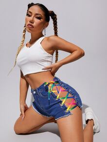 SHEIN Quần short denim nữ Nút Ren lên Túi Hem thô Dây kéo Thùa khuyết màu trơn - Rửa trung bình - Xem 3