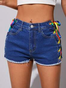 SHEIN Quần short denim nữ Nút Ren lên Túi Hem thô Dây kéo Thùa khuyết màu trơn - Rửa trung bình - Xem 4