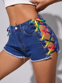 SHEIN Quần short denim nữ Nút Ren lên Túi Hem thô Dây kéo Thùa khuyết màu trơn - Rửa trung bình - Xem 5