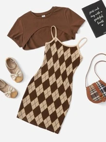 SHEIN Leap Crew Cô gái Tween In Argyle Váy liền áo Với Siêu Crop Top - Nhiều màu - Xem 1