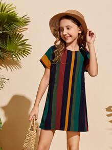 SHEIN Girls Striped Colorblock Keyhole Back Dress