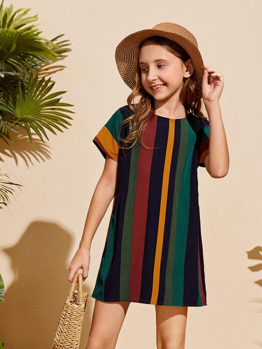 SHEIN Girls Striped Colorblock Keyhole Back Dress