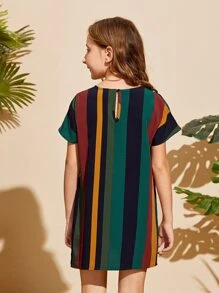 SHEIN Girls Striped Colorblock Keyhole Back Dress