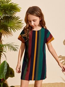 SHEIN Girls Striped Colorblock Keyhole Back Dress
