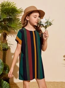 SHEIN Girls Striped Colorblock Keyhole Back Dress