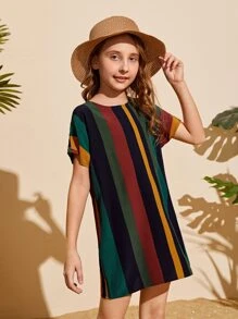 SHEIN Girls Striped Colorblock Keyhole Back Dress