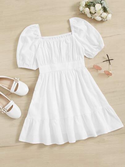 SHEIN Girls Solid Square Neck Dress