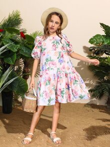 SHEIN 女孩泡泡袖滿身花卉娃娃裙 - 彩色 - 查看 1