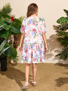 SHEIN 女孩泡泡袖滿身花卉娃娃裙 - 彩色 - 查看 2