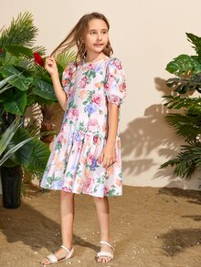 SHEIN 女孩泡泡袖滿身花卉娃娃裙 - 彩色 - 查看 3