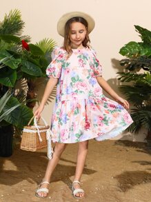 SHEIN 女孩泡泡袖滿身花卉娃娃裙 - 彩色 - 查看 4