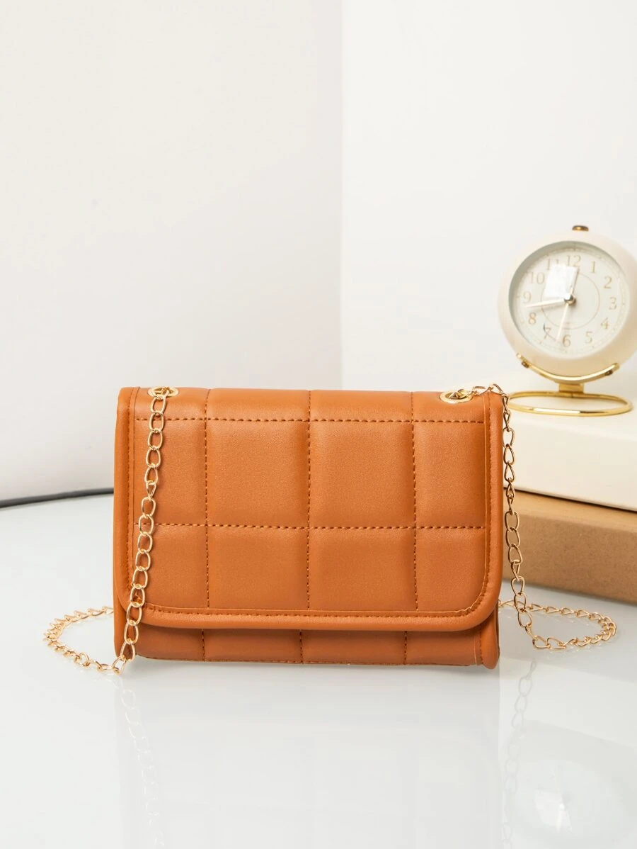 Mini Minimalist Textured Chain Flap Square Bag - Brown - View 1