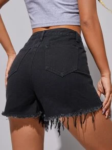 SHEIN Quần short denim nữ Túi Hem thô Bị tách Nút phía trước màu trơn - màu đen - Xem 2