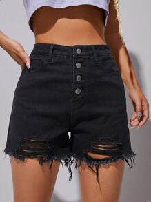 SHEIN Quần short denim nữ Túi Hem thô Bị tách Nút phía trước màu trơn - màu đen - Xem 3