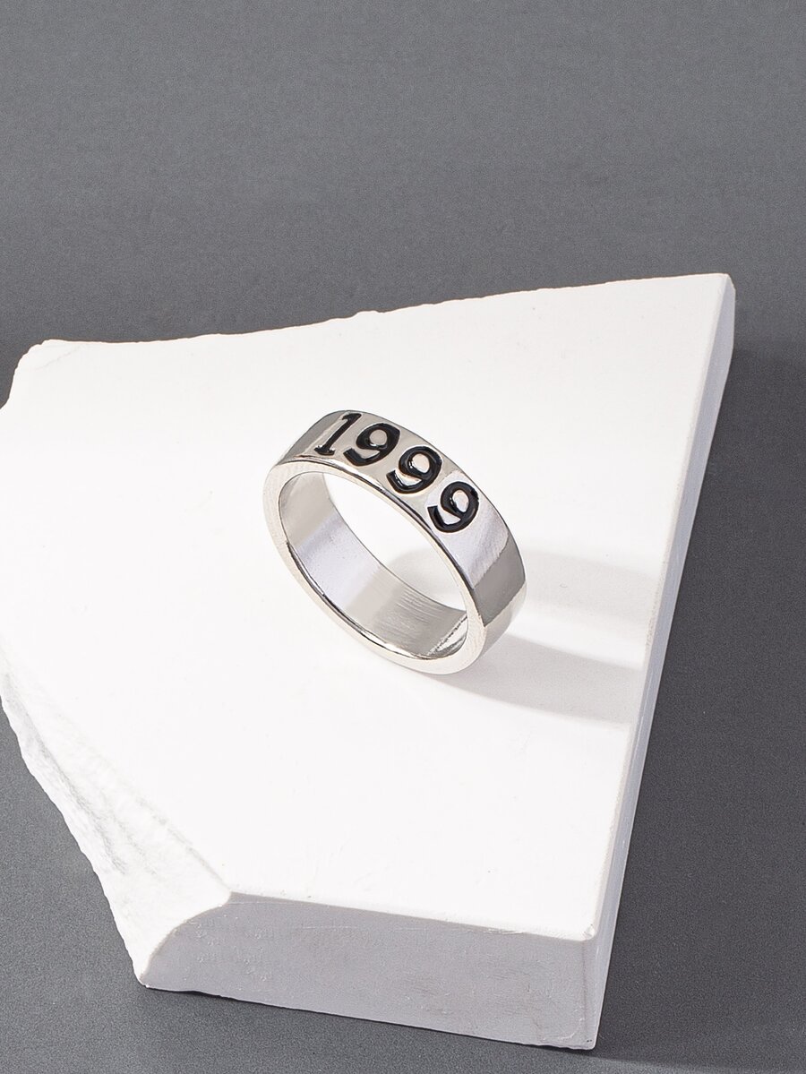 Hombres Anillo número de año con diseño - Plateado - Ver 1