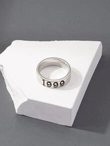 Hombres Anillo número de año con diseño - Plateado - Ver 2