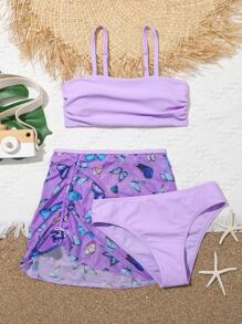 Tween Girl 3 件装随机蝴蝶抽绳比基尼套装夏季海滩