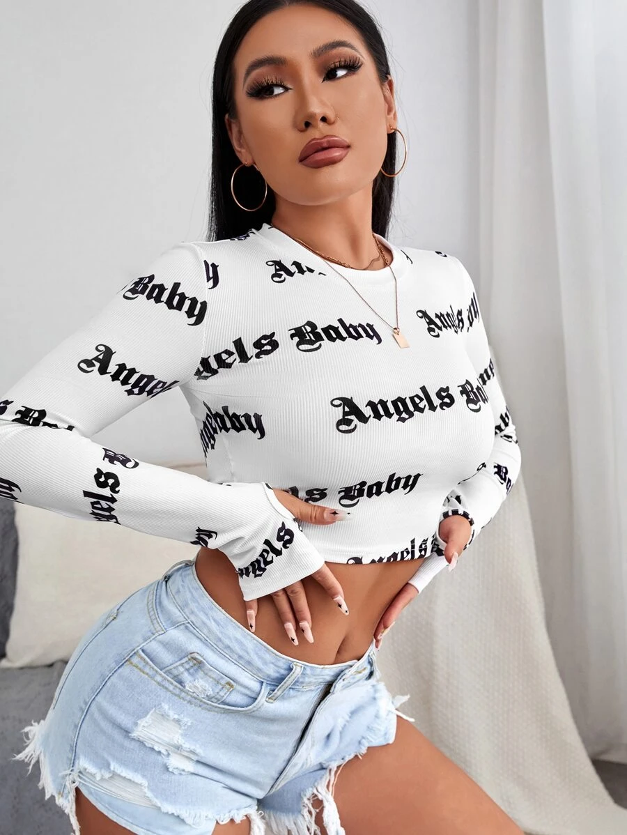 Chiquease Letter Graphic Thumb Hole Tee Graphic Tees Women Tops Fall Cloth For Women - White - View 1
