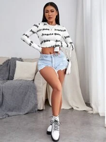 Chiquease Letter Graphic Thumb Hole Tee Graphic Tees Women Tops Fall Cloth For Women - White - View 3