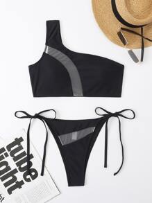 Bikini de malla de contraste para playa de verano - Negro - Ver 5