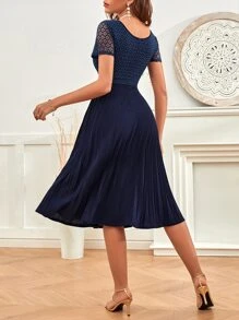 SHEIN Clasi Contrast Lace Pleated Hem Dress - Navy Blue - View 3