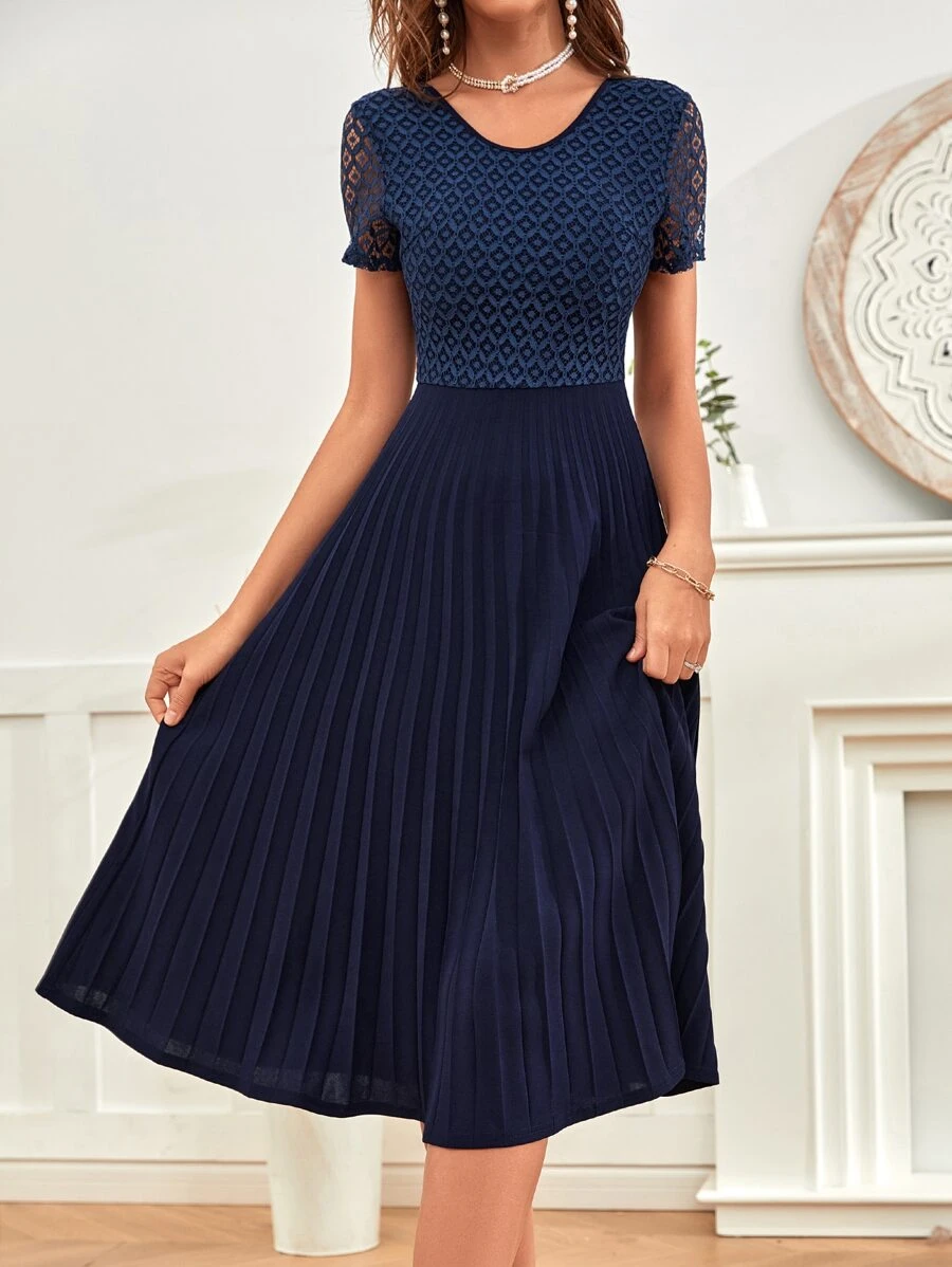 SHEIN Clasi Contrast Lace Pleated Hem Dress - Navy Blue - View 1