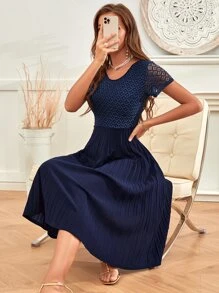 SHEIN Clasi Contrast Lace Pleated Hem Dress - Navy Blue - View 6