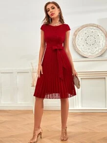 SHEIN Clasi Đầm Thắt lưng Xếp li màu trơn Thanh lịch - Màu Đỏ Sâu - Xem 2