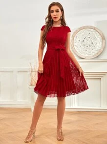 SHEIN Clasi Đầm Thắt lưng Xếp li màu trơn Thanh lịch - Màu Đỏ Sâu - Xem 1