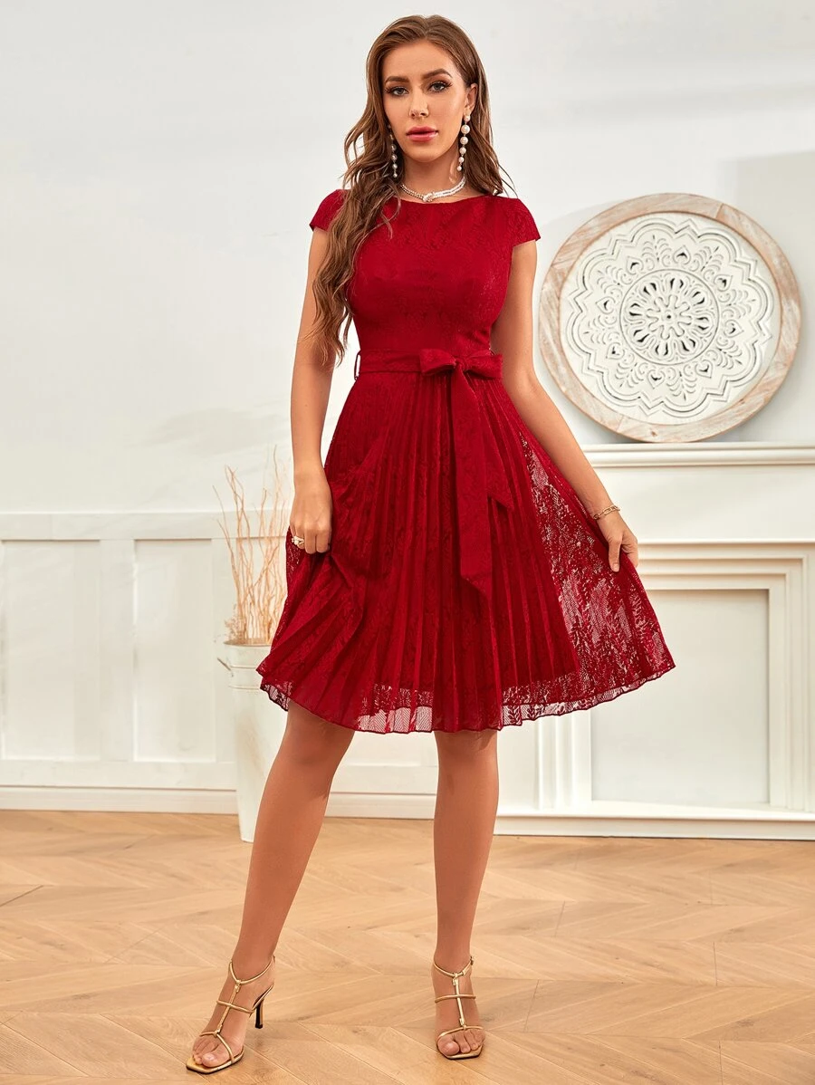 SHEIN Clasi Đầm Thắt lưng Xếp li màu trơn Thanh lịch - Màu Đỏ Sâu - Xem 1