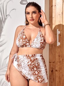 3入組 加大尺寸鱷魚紋露背比基尼套裝及沙灘裙，夏季沙灘必備 - 彩色 - 查看 1