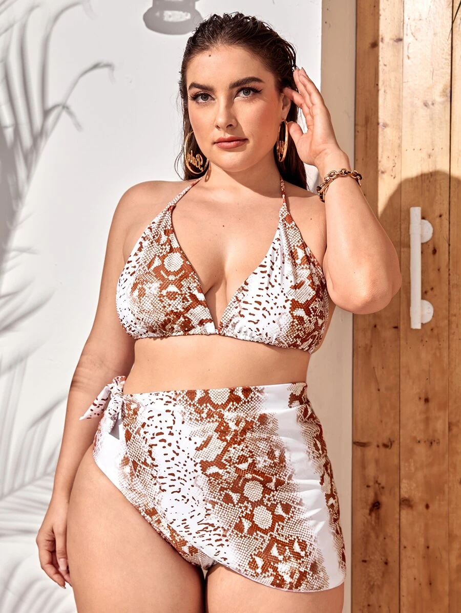 3入組 加大尺寸鱷魚紋露背比基尼套裝及沙灘裙，夏季沙灘必備 - 彩色 - 查看 1