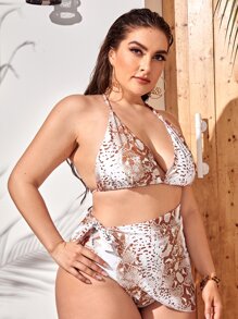 3入組 加大尺寸鱷魚紋露背比基尼套裝及沙灘裙，夏季沙灘必備 - 彩色 - 查看 3