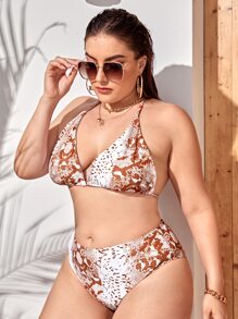 3入組 加大尺寸鱷魚紋露背比基尼套裝及沙灘裙，夏季沙灘必備 - 彩色 - 查看 4