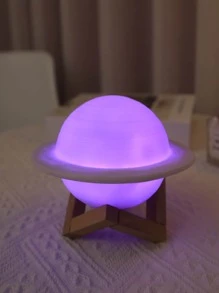 1pc Wood Planet Decor With Wood Stand, Battery Powered Star Projection Lamp, Warm White & Colorful Mood Light For Room, Camping, Party, Holiday, Bedroom Decoration, 12cm - Multicolor - View 1