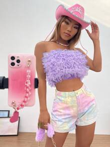 SHEIN ICON Layered Ruffle Trim Mesh Tube Top