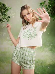 ROMWE Fairycore Butterfly Print Plaid PJ Set - Multicolor - View 6