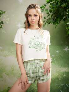 ROMWE Fairycore Butterfly Print Plaid PJ Set - Multicolor - View 3