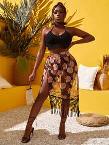 SHEIN Slayr Allover Floral Knot Side Fringe Hem Skirt - Multicolor - View 1