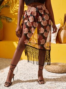SHEIN Slayr Allover Floral Knot Side Fringe Hem Skirt - Multicolor - View 3