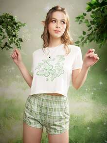 ROMWE Fairycore Butterfly Print Plaid PJ Set - Multicolor - View 5